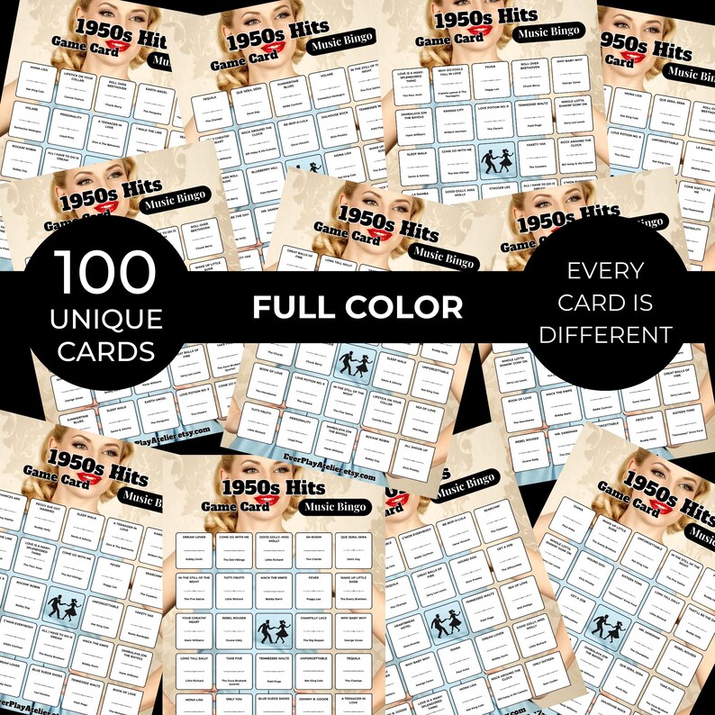 May include: A collection of 100 unique, full-color 1950s Hits Music Bingo game cards. Each card features a grid of squares with song titles. The cards have a vintage design with a woman's face and the text "1950s Hits Game Card Music Bingo".