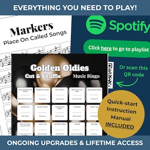 Op de afbeelding: Een muziekbingospel met de titel "Golden Oldies" en songtitels als "Rock Around the Clock" en "Hound Dog". Inclusief een snelstartinstructiehandleiding en een Spotify-afspeellink. De tekst "Everything You Need to Play!" staat bovenaan.