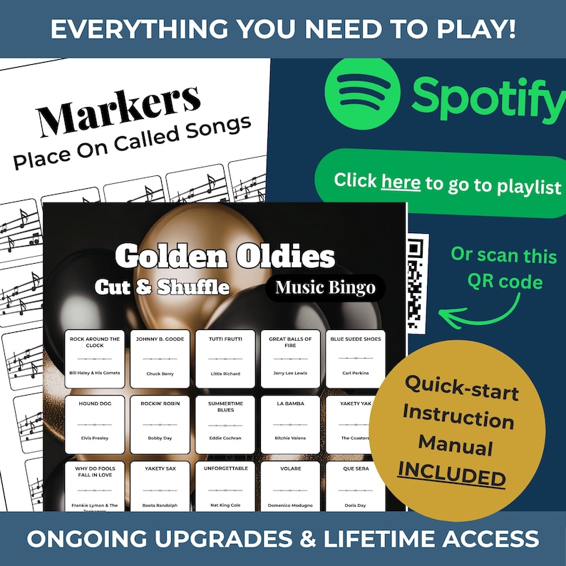 Op de afbeelding: Een muziekbingospel met de titel "Golden Oldies" en songtitels als "Rock Around the Clock" en "Hound Dog". Inclusief een snelstartinstructiehandleiding en een Spotify-afspeellink. De tekst "Everything You Need to Play!" staat bovenaan.