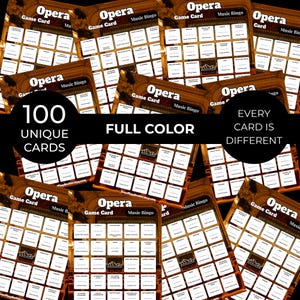 Op de afbeelding: Een verzameling Opera Music Bingo-spelkaarten. Elke kaart heeft een raster van vierkanten met operatermen. De kaarten zijn full color en elk van de 100 kaarten is uniek. De tekst op de kaarten luidt "Opera Game Card Music Bingo".