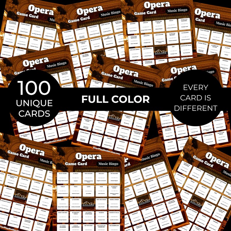Op de afbeelding: Een verzameling Opera Music Bingo-spelkaarten. Elke kaart heeft een raster van vierkanten met operatermen. De kaarten zijn full color en elk van de 100 kaarten is uniek. De tekst op de kaarten luidt "Opera Game Card Music Bingo".