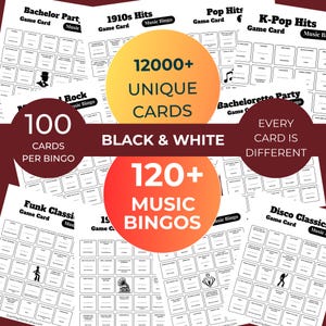 Pode incluir: Cartas de jogo de bingo musical em preto e branco. A imagem mostra v&aacute;rios cart&otilde;es de bingo com diferentes g&ecirc;neros musicais, incluindo Pop Hits e K-Pop Hits. O texto destaca 120+ bingos musicais, 12000+ cartas &uacute;nicas e 100 cartas por bingo.