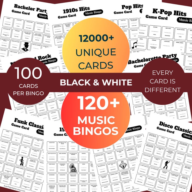 Pode incluir: Cartas de jogo de bingo musical em preto e branco. A imagem mostra v&aacute;rios cart&otilde;es de bingo com diferentes g&ecirc;neros musicais, incluindo Pop Hits e K-Pop Hits. O texto destaca 120+ bingos musicais, 12000+ cartas &uacute;nicas e 100 cartas por bingo.