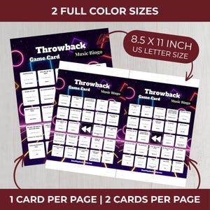 May include: Two "Throwback Music Bingo" game cards with a retro neon design. The cards are 8.5 x 11 inches and feature song titles. The text "2 Full Color Sizes" and "1 Card Per Page | 2 Cards Per Page" are also visible.