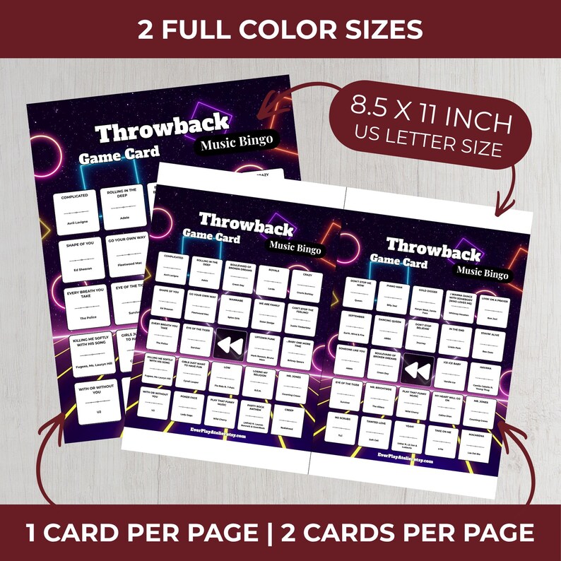 May include: Two "Throwback Music Bingo" game cards with a retro neon design. The cards are 8.5 x 11 inches and feature song titles. The text "2 Full Color Sizes" and "1 Card Per Page | 2 Cards Per Page" are also visible.