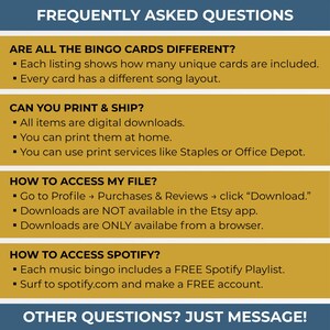 May include: A graphic with the title "FREQUENTLY ASKED QUESTIONS" in white text on a dark blue background. The image contains text answering questions about digital downloads, including how to access files and Spotify playlists.