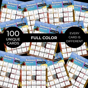 Puede incluir: Un conjunto de tarjetas de juego "Summer Hits Music Bingo". Cada tarjeta presenta un dise&ntilde;o de verano con un c&oacute;ctel y una fresa. El texto en las tarjetas incluye "100 tarjetas &uacute;nicas", "A todo color" y "Cada tarjeta es diferente".