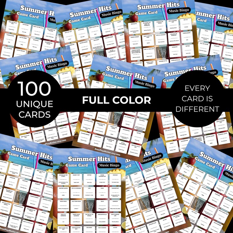 Puede incluir: Un conjunto de tarjetas de juego "Summer Hits Music Bingo". Cada tarjeta presenta un dise&ntilde;o de verano con un c&oacute;ctel y una fresa. El texto en las tarjetas incluye "100 tarjetas &uacute;nicas", "A todo color" y "Cada tarjeta es diferente".