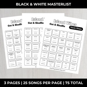 Puede incluir: Tres hojas blancas con texto negro, con "Island Cut & Shuffle" e "Island Vibes Music Bingo." Cada hoja tiene una cuadr&iacute;cula de t&iacute;tulos de canciones. El texto "3 PAGES | 25 SONGS PER PAGE | 75 TOTAL" est&aacute; en la parte inferior.