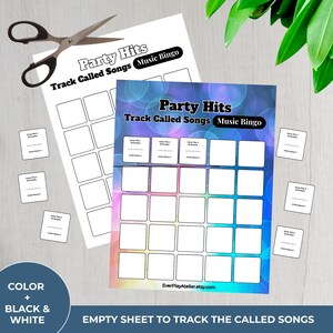 Puede incluir: Dos hojas de "Party Hits Music Bingo" con cuadrados en blanco y etiquetas de t&iacute;tulo de canci&oacute;n/nombre de artista. Una hoja es en blanco y negro, la otra tiene un fondo degradado colorido. Un par de tijeras est&aacute; en la parte superior izquierda.