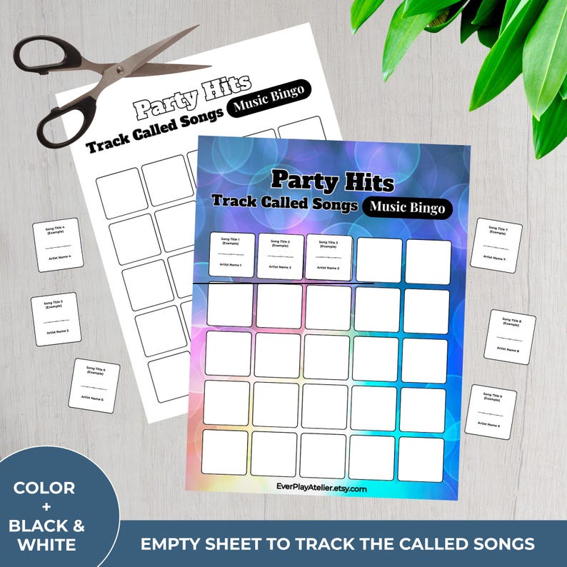Puede incluir: Dos hojas de "Party Hits Music Bingo" con cuadrados en blanco y etiquetas de t&iacute;tulo de canci&oacute;n/nombre de artista. Una hoja es en blanco y negro, la otra tiene un fondo degradado colorido. Un par de tijeras est&aacute; en la parte superior izquierda.