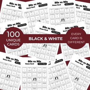Puede incluir: Un conjunto de tarjetas de bingo musical en blanco y negro con los textos "80s vs 90s" y "Music Bingo". Las tarjetas est&aacute;n etiquetadas como "100 cartas &uacute;nicas" y "Cada carta es diferente".