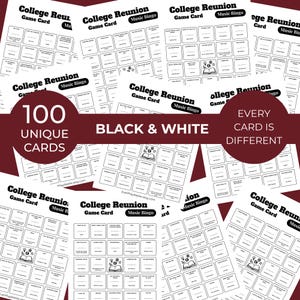 Pode incluir: Uma cole&ccedil;&atilde;o de cart&otilde;es de jogo "College Reunion Music Bingo" em preto e branco. Os cart&otilde;es s&atilde;o impressos com v&aacute;rios avisos e frases. A imagem inclui o texto "100 cart&otilde;es &uacute;nicos", "Preto e branco" e "Cada cart&atilde;o &eacute; diferente".