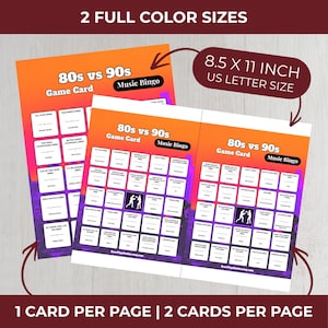 Puede incluir: Dos tarjetas de juego de bingo musical de 21,6 x 27,9 cm, tituladas "80s vs 90s". Las tarjetas incluyen el texto "Game Card" y "Music Bingo". El dise&ntilde;o es naranja, morado y blanco. Tambi&eacute;n se ve el texto "2 FULL COLOR SIZES" y "US LETTER SIZE".