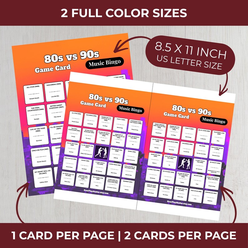 Puede incluir: Dos tarjetas de juego de bingo musical de 21,6 x 27,9 cm, tituladas "80s vs 90s". Las tarjetas incluyen el texto "Game Card" y "Music Bingo". El dise&ntilde;o es naranja, morado y blanco. Tambi&eacute;n se ve el texto "2 FULL COLOR SIZES" y "US LETTER SIZE".