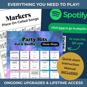 Puede incluir: Un juego de fiesta con tem&aacute;tica musical con una tarjeta de bingo con t&iacute;tulos de canciones y artistas. Incluye un manual de instrucciones de inicio r&aacute;pido y un c&oacute;digo QR para acceder a una lista de reproducci&oacute;n de Spotify. El texto de la tarjeta dice "Party Hits Music Bingo".
