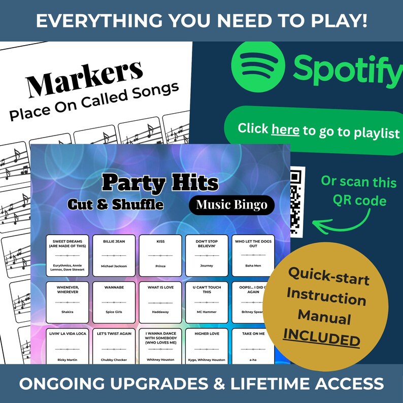 Puede incluir: Un juego de fiesta con tem&aacute;tica musical con una tarjeta de bingo con t&iacute;tulos de canciones y artistas. Incluye un manual de instrucciones de inicio r&aacute;pido y un c&oacute;digo QR para acceder a una lista de reproducci&oacute;n de Spotify. El texto de la tarjeta dice "Party Hits Music Bingo".