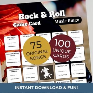 May include: Rock & Roll Music Bingo game card with 75 original songs and 100 unique cards. The card features song titles and artist names, with the text "Instant Download & Fun!" at the bottom.
