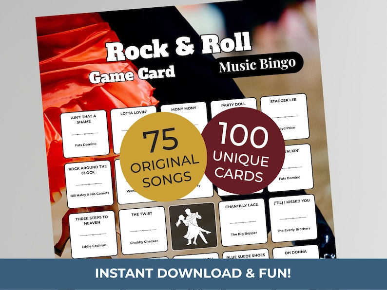 May include: Rock & Roll Music Bingo game card with 75 original songs and 100 unique cards. The card features song titles and artist names, with the text "Instant Download & Fun!" at the bottom.