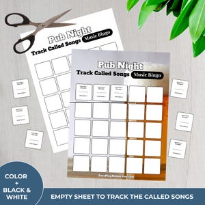 K&ouml;nnte beinhalten: Ein schwarz-wei&szlig;es "Pub Night Track Called Songs Music Bingo" Spielblatt mit leeren Feldern f&uuml;r Songtitel und K&uuml;nstlernamen. Enth&auml;lt kleine Karten und eine Schere. Der Text "EMPTY SHEET TO TRACK THE CALLED SONGS" ist ebenfalls sichtbar.