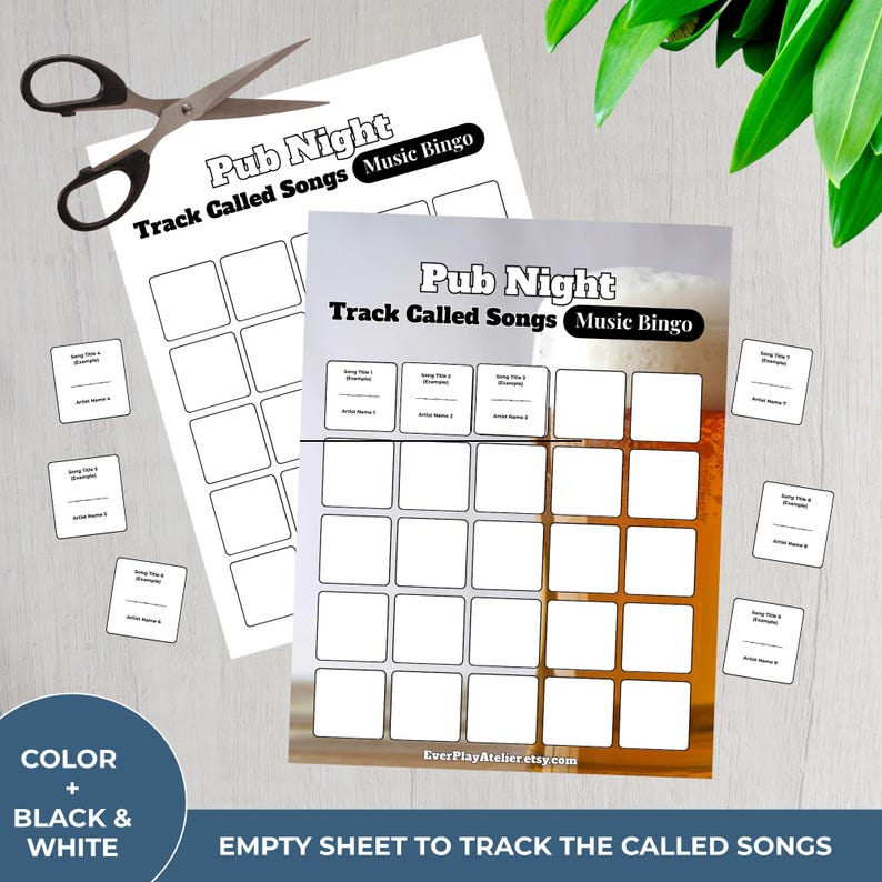 K&ouml;nnte beinhalten: Ein schwarz-wei&szlig;es "Pub Night Track Called Songs Music Bingo" Spielblatt mit leeren Feldern f&uuml;r Songtitel und K&uuml;nstlernamen. Enth&auml;lt kleine Karten und eine Schere. Der Text "EMPTY SHEET TO TRACK THE CALLED SONGS" ist ebenfalls sichtbar.