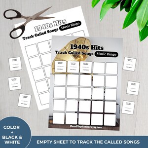 Puede incluir: Dos hojas de Bingo musical de &eacute;xitos de los a&ntilde;os 40, con el texto "Track Called Songs". Las tarjetas de bingo tienen cuadrados en blanco para los t&iacute;tulos de las canciones y los nombres de los artistas. Peque&ntilde;as tarjetas blancas est&aacute;n dispersas. Un par de tijeras est&aacute; en la parte superior.