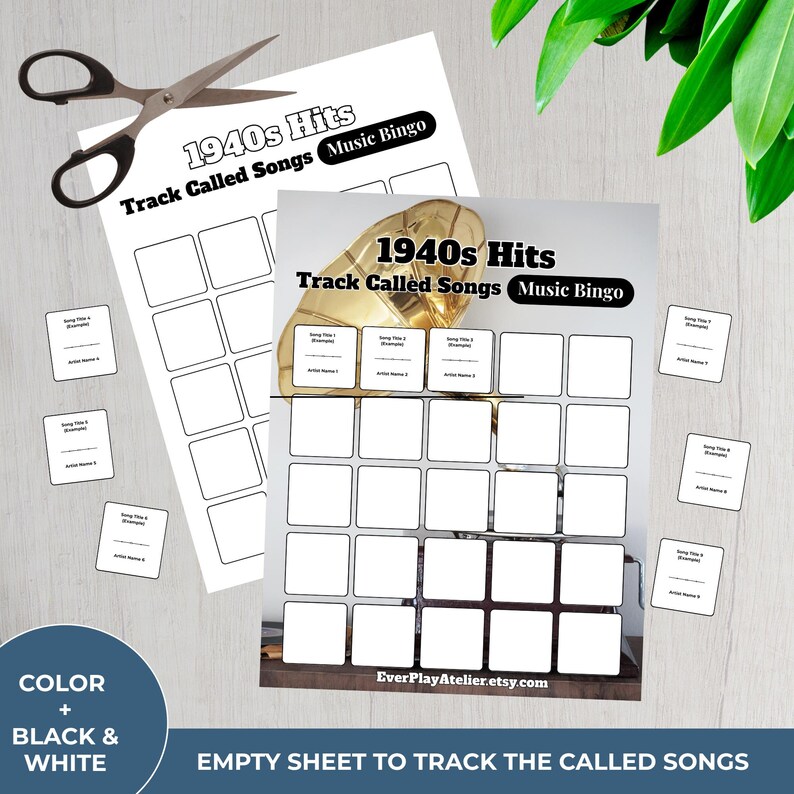 Puede incluir: Dos hojas de Bingo musical de &eacute;xitos de los a&ntilde;os 40, con el texto "Track Called Songs". Las tarjetas de bingo tienen cuadrados en blanco para los t&iacute;tulos de las canciones y los nombres de los artistas. Peque&ntilde;as tarjetas blancas est&aacute;n dispersas. Un par de tijeras est&aacute; en la parte superior.