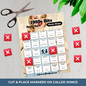 May include: A 1950s Hits Music Bingo game card with a vintage theme. The card features song titles and a retro image of a woman. Red markers and scissors are included. The text reads "Cut & Place Markers on Called Songs."