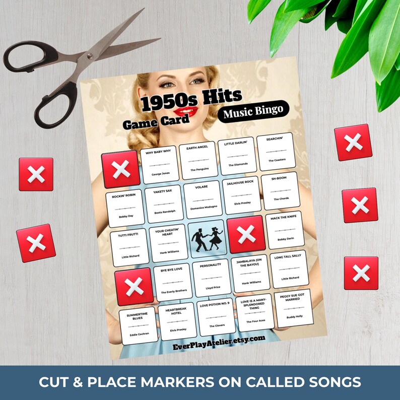 May include: A 1950s Hits Music Bingo game card with a vintage theme. The card features song titles and a retro image of a woman. Red markers and scissors are included. The text reads "Cut & Place Markers on Called Songs."