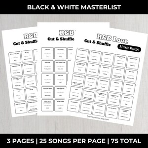 Puede incluir: Tres hojas de juego de bingo musical R&B en blanco y negro. Cada hoja tiene una cuadr&iacute;cula de t&iacute;tulos de canciones. El texto "R&B Cut & Shuffle" y "R&B Love Music Bingo" est&aacute;n en la parte superior. El texto "BLACK & WHITE MASTERLIST" est&aacute; en la parte superior.
