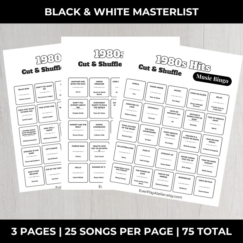 80s Music Bingo Game | 100 Printable Cards | 75 Songs & Spotify Playlist | Digital Products Download imagen 14