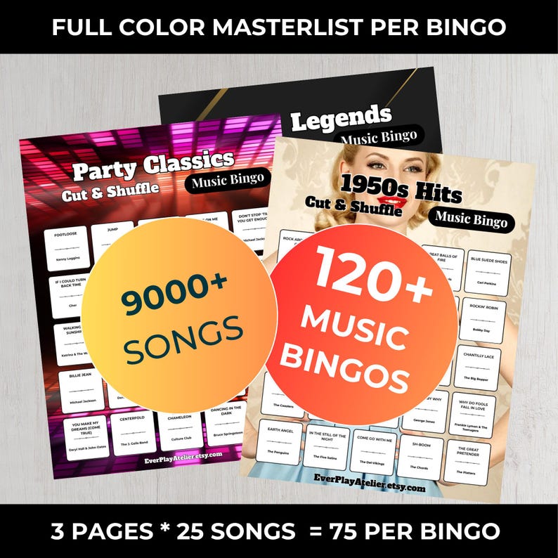 Pode incluir: Cart&otilde;es de bingo musical com os t&iacute;tulos "Party Classics", "Legends" e "1950s Hits". Os cart&otilde;es apresentam listas de m&uacute;sicas e o texto "9000+ SONGS" e "120+ MUSIC BINGOS". A imagem tamb&eacute;m inclui o texto "3 PAGES * 25 SONGS = 75 PER BINGO".
