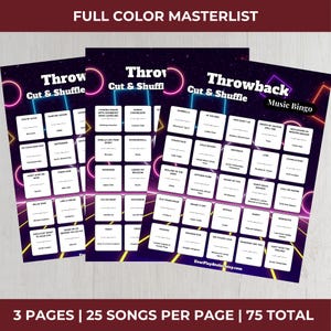 May include: Three sheets of Throwback Music Bingo cards with a purple and black background and neon pink and blue geometric shapes. Each card has 25 song titles. The text "Throwback Music Bingo" is visible.