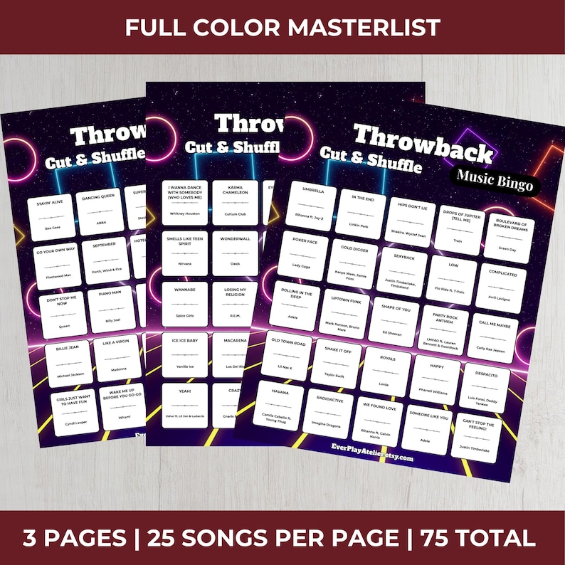 May include: Three sheets of Throwback Music Bingo cards with a purple and black background and neon pink and blue geometric shapes. Each card has 25 song titles. The text "Throwback Music Bingo" is visible.