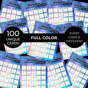 Puede incluir: Una colecci&oacute;n de tarjetas de juego "Party Hits Music Bingo". Cada tarjeta es a todo color y &uacute;nica, con un total de 100 tarjetas. Las tarjetas presentan una cuadr&iacute;cula de casillas con t&iacute;tulos de canciones y gr&aacute;ficos de globos.