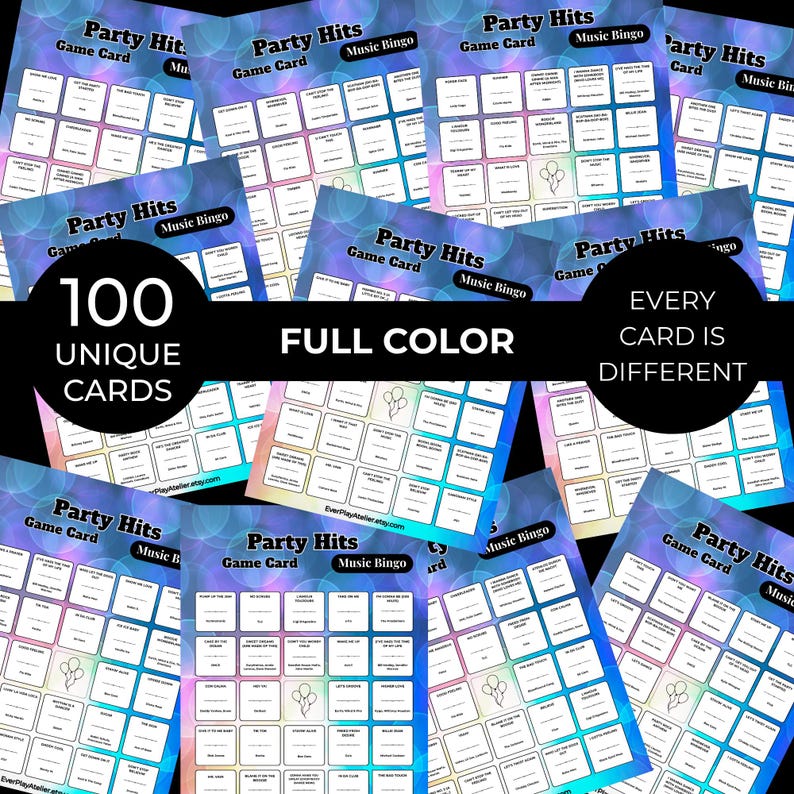 Puede incluir: Una colecci&oacute;n de tarjetas de juego "Party Hits Music Bingo". Cada tarjeta es a todo color y &uacute;nica, con un total de 100 tarjetas. Las tarjetas presentan una cuadr&iacute;cula de casillas con t&iacute;tulos de canciones y gr&aacute;ficos de globos.