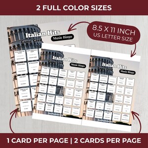 Puede incluir: Dos tarjetas de juego de bingo musical "Italian Hits". Cada tarjeta presenta una imagen de la Torre Inclinada de Pisa. Las tarjetas miden 21,6 x 27,9 cm. El texto en las tarjetas incluye "Italian Hits", "Game Card" y "Music Bingo".
