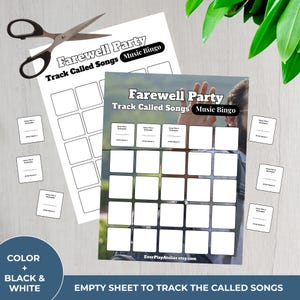 May include: A black and white "Farewell Party" music bingo game sheet with the text "Track Called Songs Music Bingo". Includes blank squares for song titles and artist names, plus small cards and scissors.