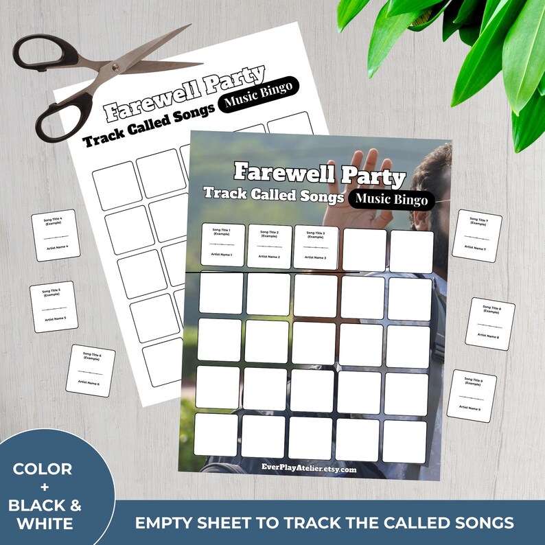 May include: A black and white "Farewell Party" music bingo game sheet with the text "Track Called Songs Music Bingo". Includes blank squares for song titles and artist names, plus small cards and scissors.