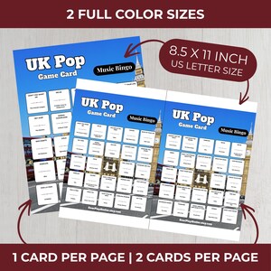 以下が含まれることがあります： 2枚のUK Popミュージックビンゴゲームカード。各カードは約21.6 x 27.9 cmで、青い空の背景に「UK Pop Game Card」と「Music Bingo」の文字があります。カードには曲名とロンドンの街並みが描かれています。