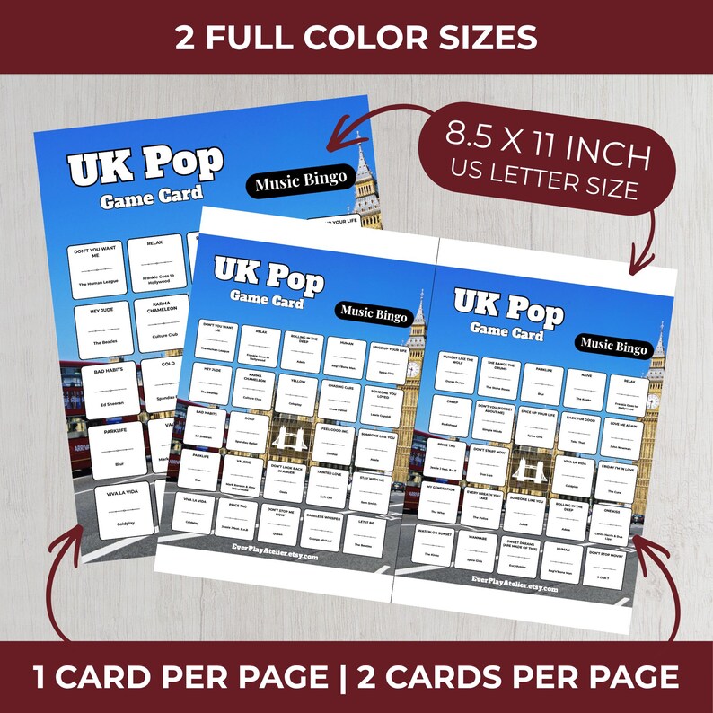 以下が含まれることがあります： 2枚のUK Popミュージックビンゴゲームカード。各カードは約21.6 x 27.9 cmで、青い空の背景に「UK Pop Game Card」と「Music Bingo」の文字があります。カードには曲名とロンドンの街並みが描かれています。