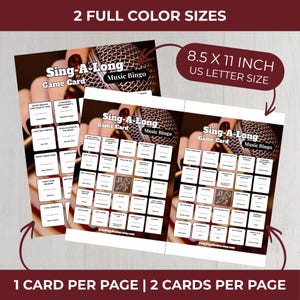 K&ouml;nnte beinhalten: Sing-A-Long Music Bingo Spielkarten in voller Farbe, US Letter-Gr&ouml;&szlig;e, mit dem Text "Sing-A-Long Game Card Music Bingo". Die Karten sind in zwei Gr&ouml;&szlig;en erh&auml;ltlich: 1 Karte pro Seite oder 2 Karten pro Seite.