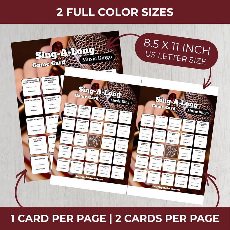 K&ouml;nnte beinhalten: Sing-A-Long Music Bingo Spielkarten in voller Farbe, US Letter-Gr&ouml;&szlig;e, mit dem Text "Sing-A-Long Game Card Music Bingo". Die Karten sind in zwei Gr&ouml;&szlig;en erh&auml;ltlich: 1 Karte pro Seite oder 2 Karten pro Seite.