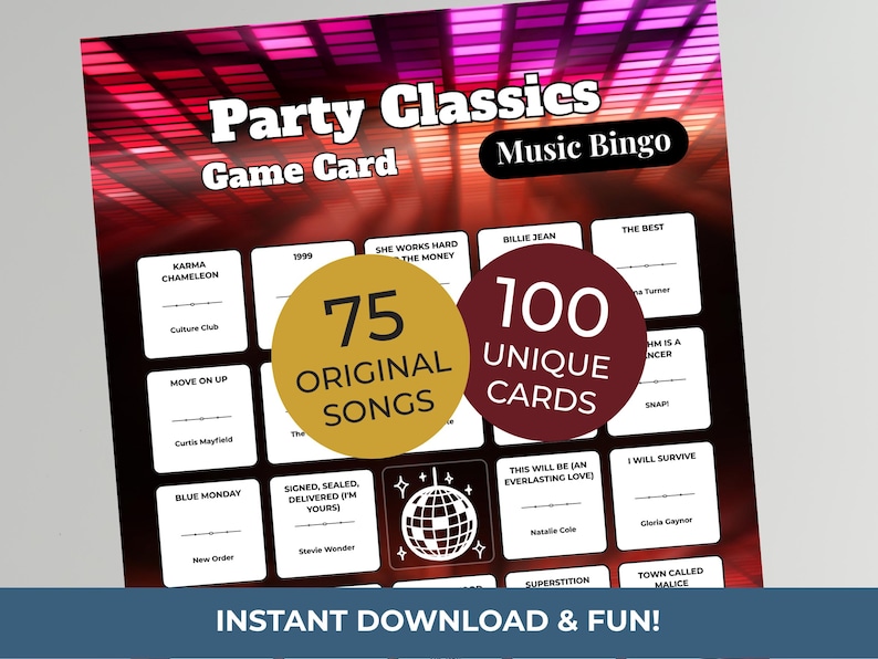 May include: A Party Classics Music Bingo game card with a red and black background. The card features song titles and artist names, with text that reads "75 Original Songs" and "100 Unique Cards". The bottom of the card says "Instant Download & Fun!"