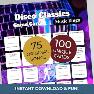 May include: A Disco Classics Music Bingo game card with a purple and black background. The card features the text "Disco Classics Game Card Music Bingo." It includes 75 original songs and 100 unique cards. The bottom of the card reads "Instant Download & Fun!"