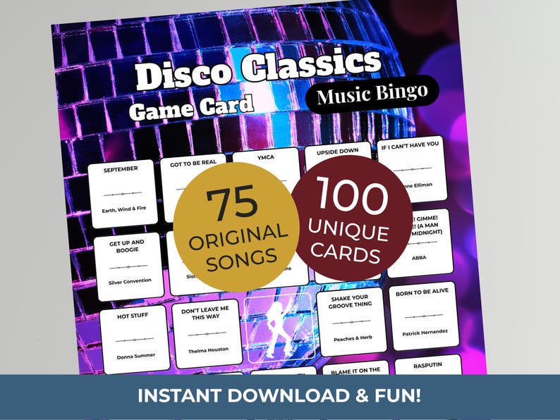 May include: A Disco Classics Music Bingo game card with a purple and black background. The card features the text "Disco Classics Game Card Music Bingo." It includes 75 original songs and 100 unique cards. The bottom of the card reads "Instant Download & Fun!"