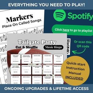 May include: A game set with a football-shaped bingo card, song lyric cards, and a quick-start instruction manual. The set includes a QR code for a Spotify playlist and the text "Tailgate Party Music Bingo".