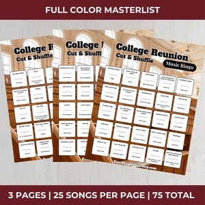 Pode incluir: Tr&ecirc;s folhas de cartelas de bingo musical "College Cut & Shuffle". Cada cartela apresenta uma grade de t&iacute;tulos de m&uacute;sicas. A faixa superior diz "FULL COLOR MASTERLIST". A faixa inferior diz "3 PAGES | 25 SONGS PER PAGE | 75 TOTAL".