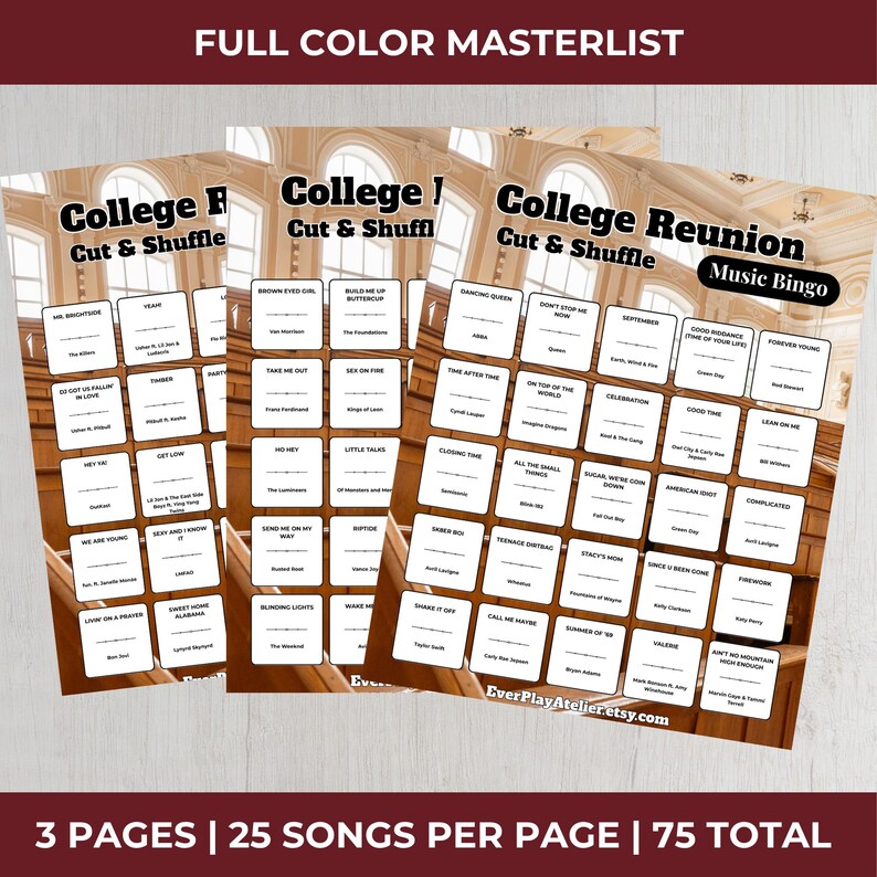 Pode incluir: Tr&ecirc;s folhas de cartelas de bingo musical "College Cut & Shuffle". Cada cartela apresenta uma grade de t&iacute;tulos de m&uacute;sicas. A faixa superior diz "FULL COLOR MASTERLIST". A faixa inferior diz "3 PAGES | 25 SONGS PER PAGE | 75 TOTAL".