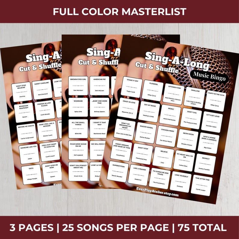 K&ouml;nnte beinhalten: Drei Musik-Bingo-Karten mit Songtiteln, mit dem Text "Sing-A-Long Music Bingo". Die Karten haben einen schwarzen Hintergrund mit wei&szlig;em Text und sind in einem Raster angeordnet. Der Text "3 PAGES | 25 SONGS PER PAGE | 75 TOTAL" ist sichtbar.